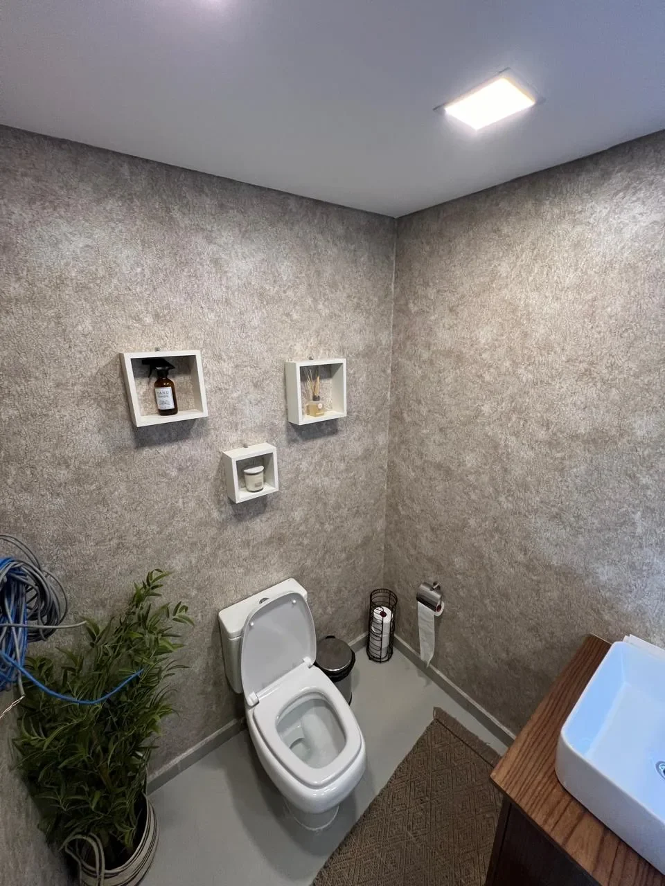 Bano de casa de contenedor con paredes de microcemento, nichos embutidos, inodoro y bacha de apoyo sobre vanitory de madera.
