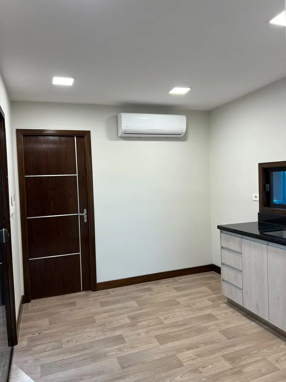 Ambiente de casa de contenedor nueva con piso laminado, puerta de madera oscura con lineas de aluminio y kitchenette de granito negro, listo para entrega.